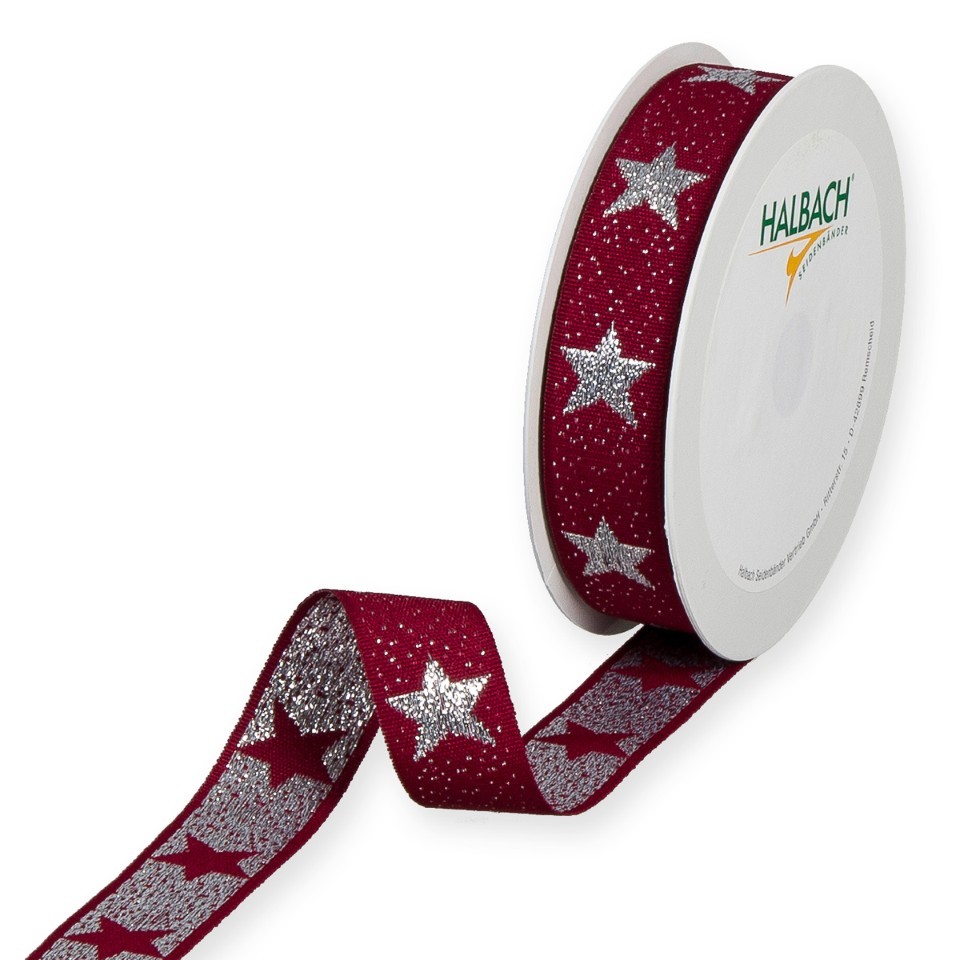 Weihnachtsband Luxussterne 25 mm 15 Meter dkl.rot/silber 765