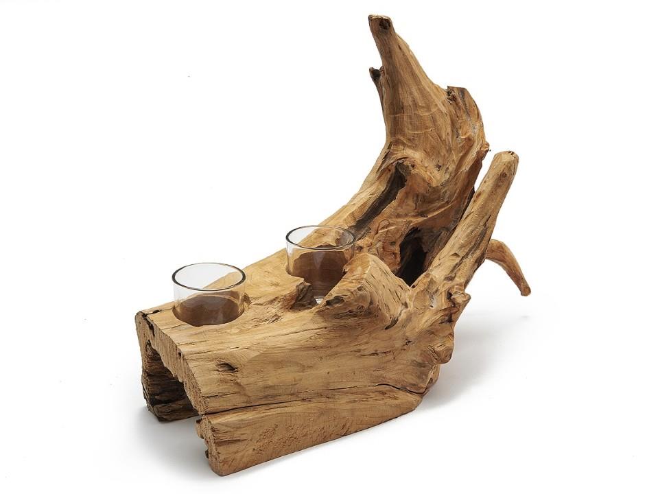 Holz Dekoteil mit 2 Teelichtgläser Rhino ca. 40x19 cm