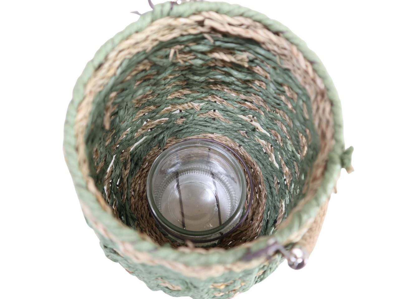 Windlicht m. Seilhenkel Seegras inkl. Glas grün-natur H27cm