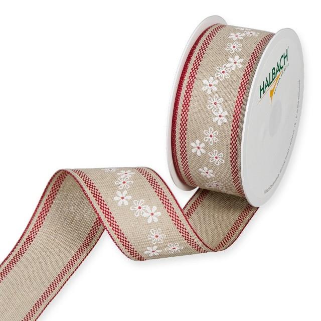 Leinen-Druckband Blümchen 40 mm 12 Meter white/red 65