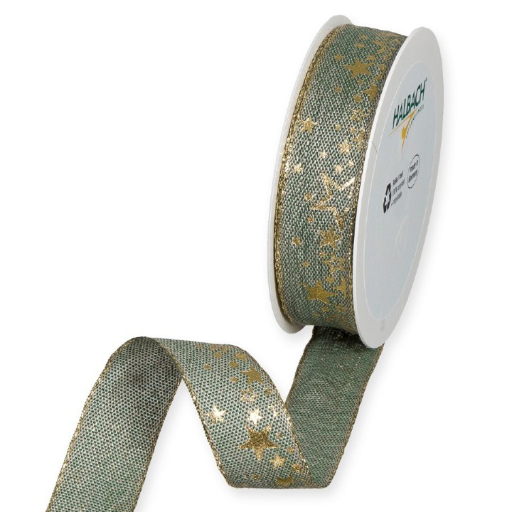 Leinen-Druckband Sterne 25 mm 15 Meter grün/gold 32