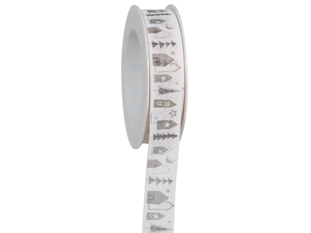 Band Weihnachtsstadt m. Draht25mm 18Meter weiss/silber 01/05 Band Weihnachtsstadt m. Draht25mm 18Meter weiss/silber 01/05
