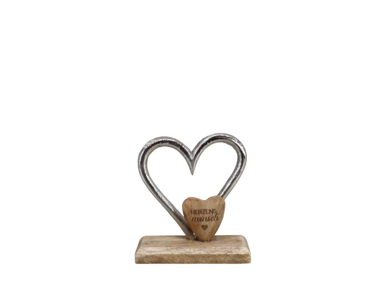 Doppelherz Aluminium&Holz stehend silber&natur D14x13,5cm