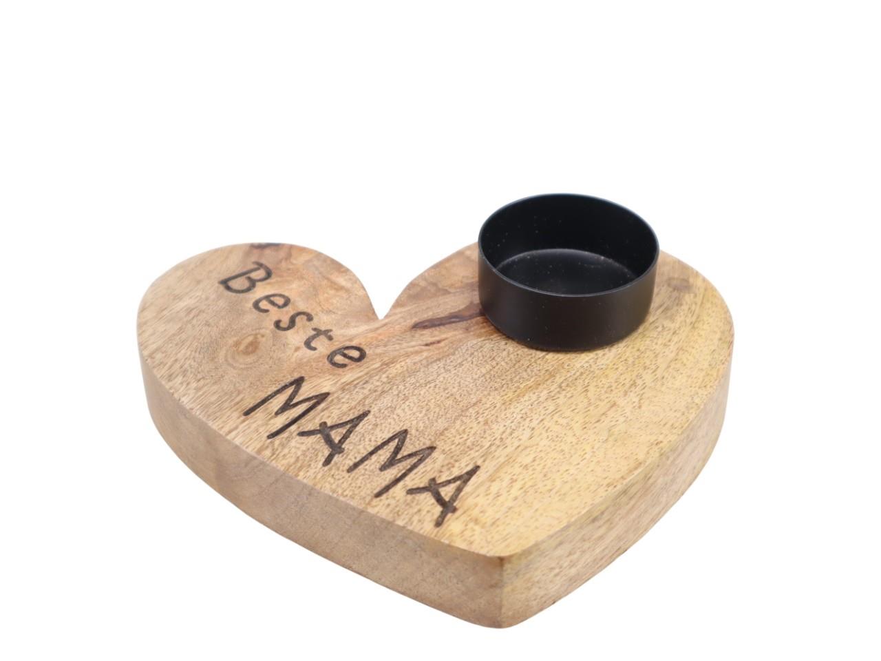 Herz m. Teelichthalter "Beste Mama" Holz natur D15cm