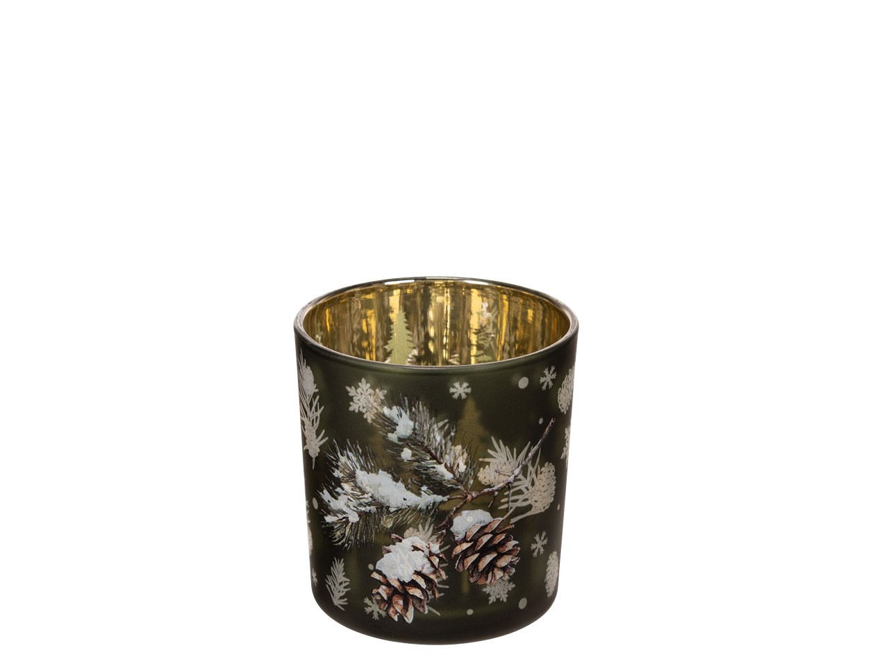 Windlicht "Zapfenzweig beschneit" Glas moosgrün/gold D7,3cm