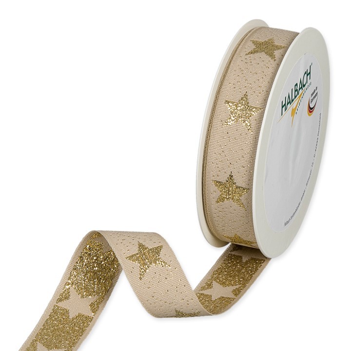 Weihnachtsband Luxussterne 25 mm 15 Meter linen/gold 71