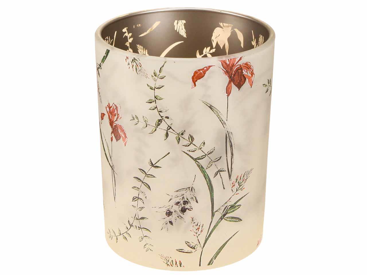 Windlicht m. Blumen Glas creme/rot/grün D12cm H18cm