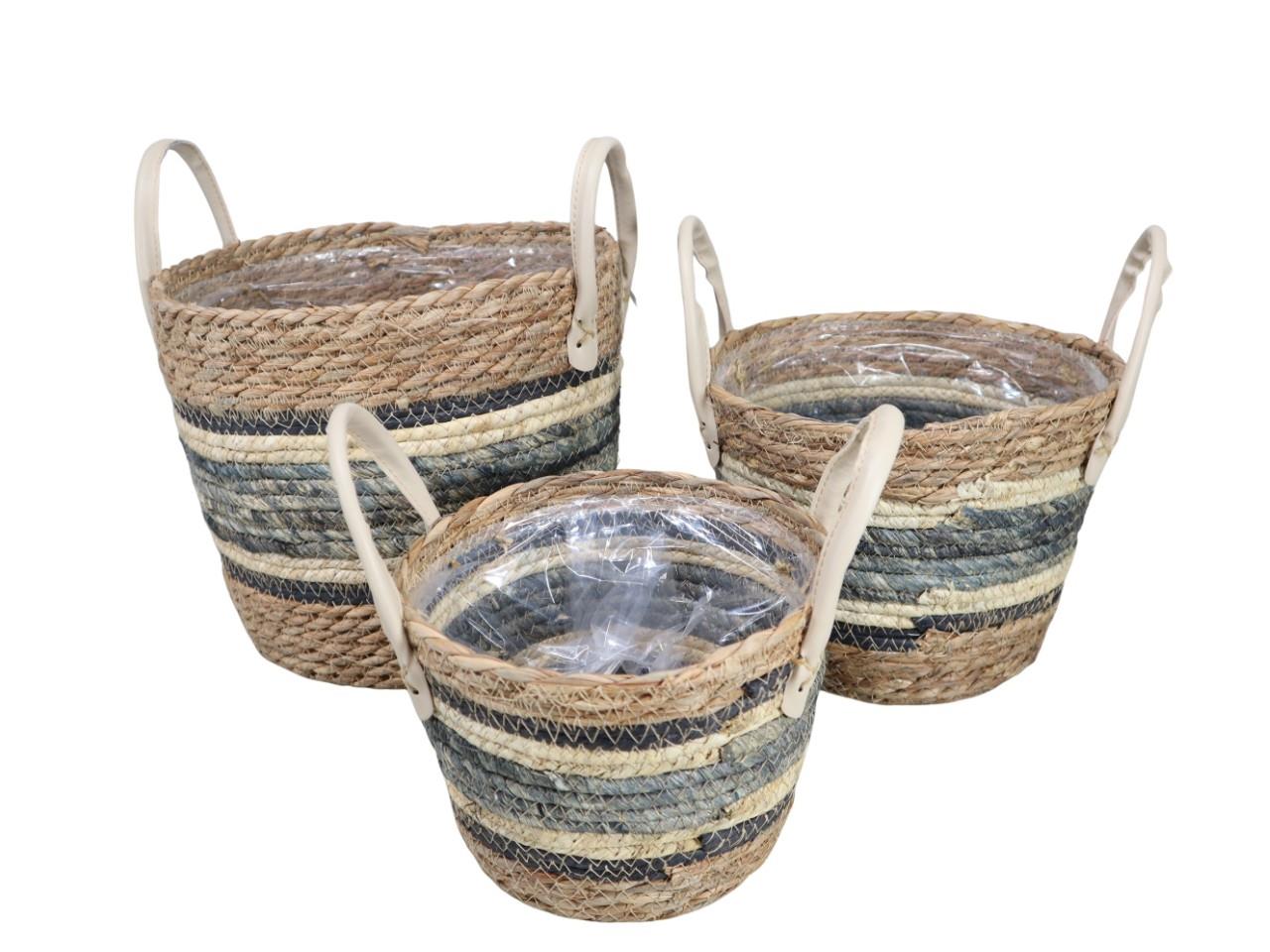 Pflanzkorb Gras geflochten m. Ledergriffen Set/3 D25xH24cm