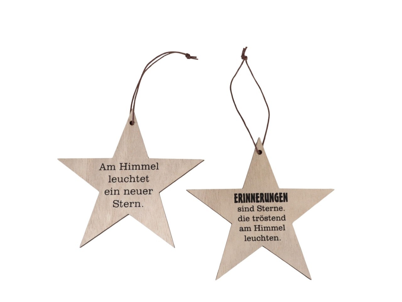 Stern hängend m. Schrift sort. Holz natur D12cm