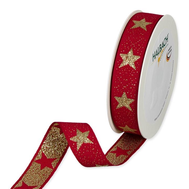 Weihnachtsband Luxussterne 25 mm 15 Meter red/gold 65