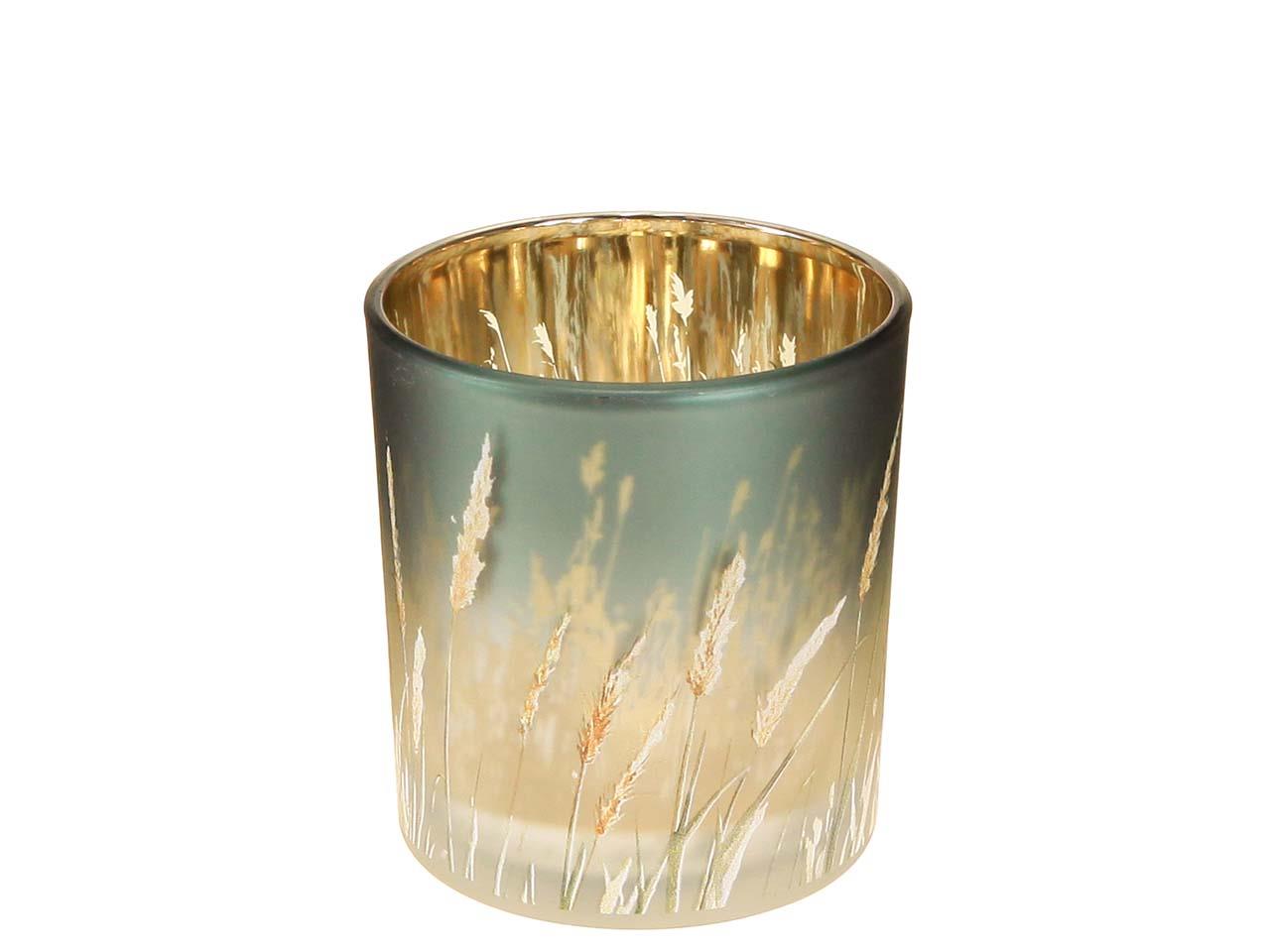 Windlicht m. Motiv Gräser Glas grau-petrol D10cm H12,5cm