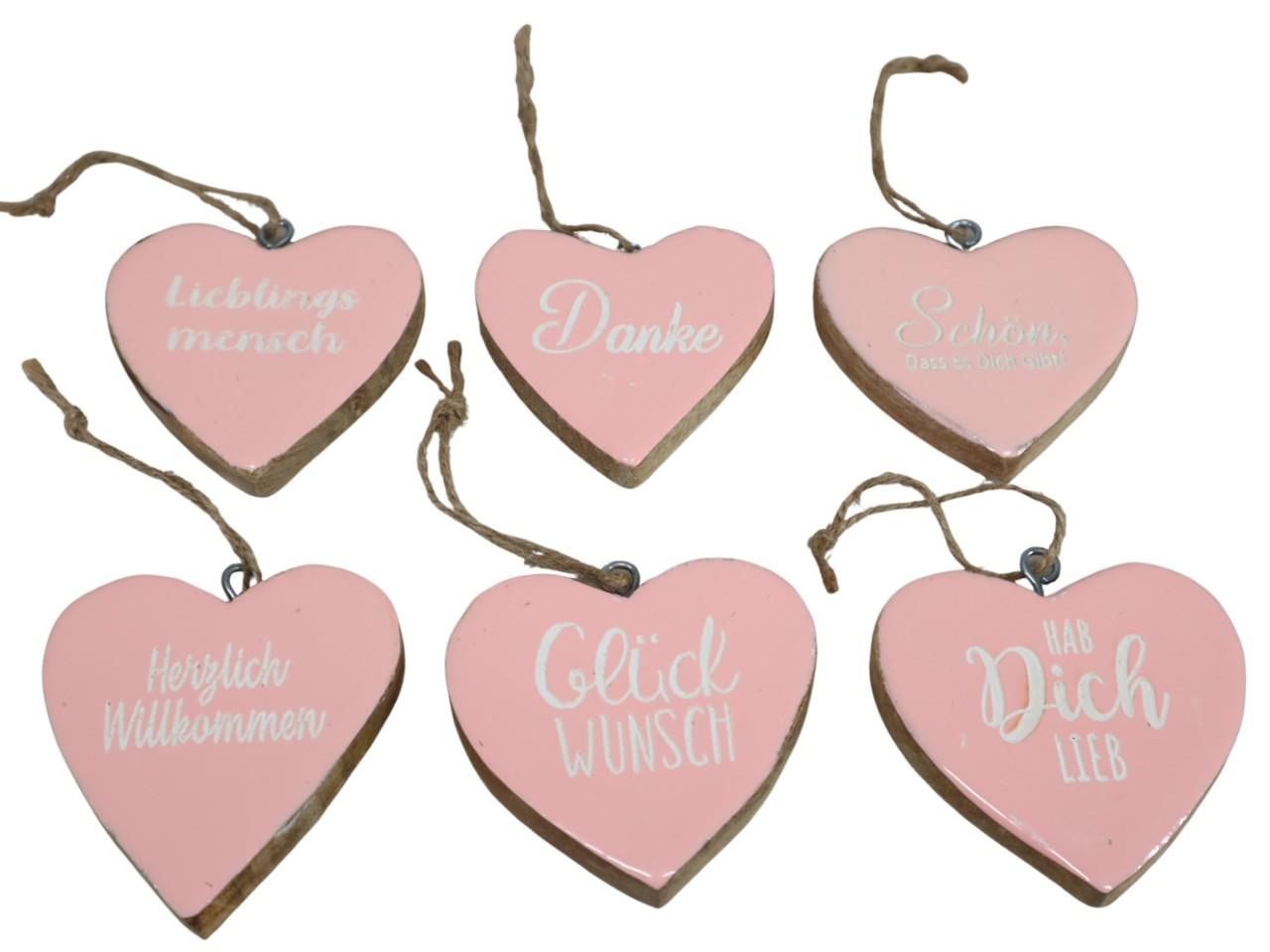 Herz hängend an Juteschnur m. Schrift sortiert Holz rosa 8cm Herz hängend an Juteschnur m. Schrift sortiert Holz rosa 8cm
