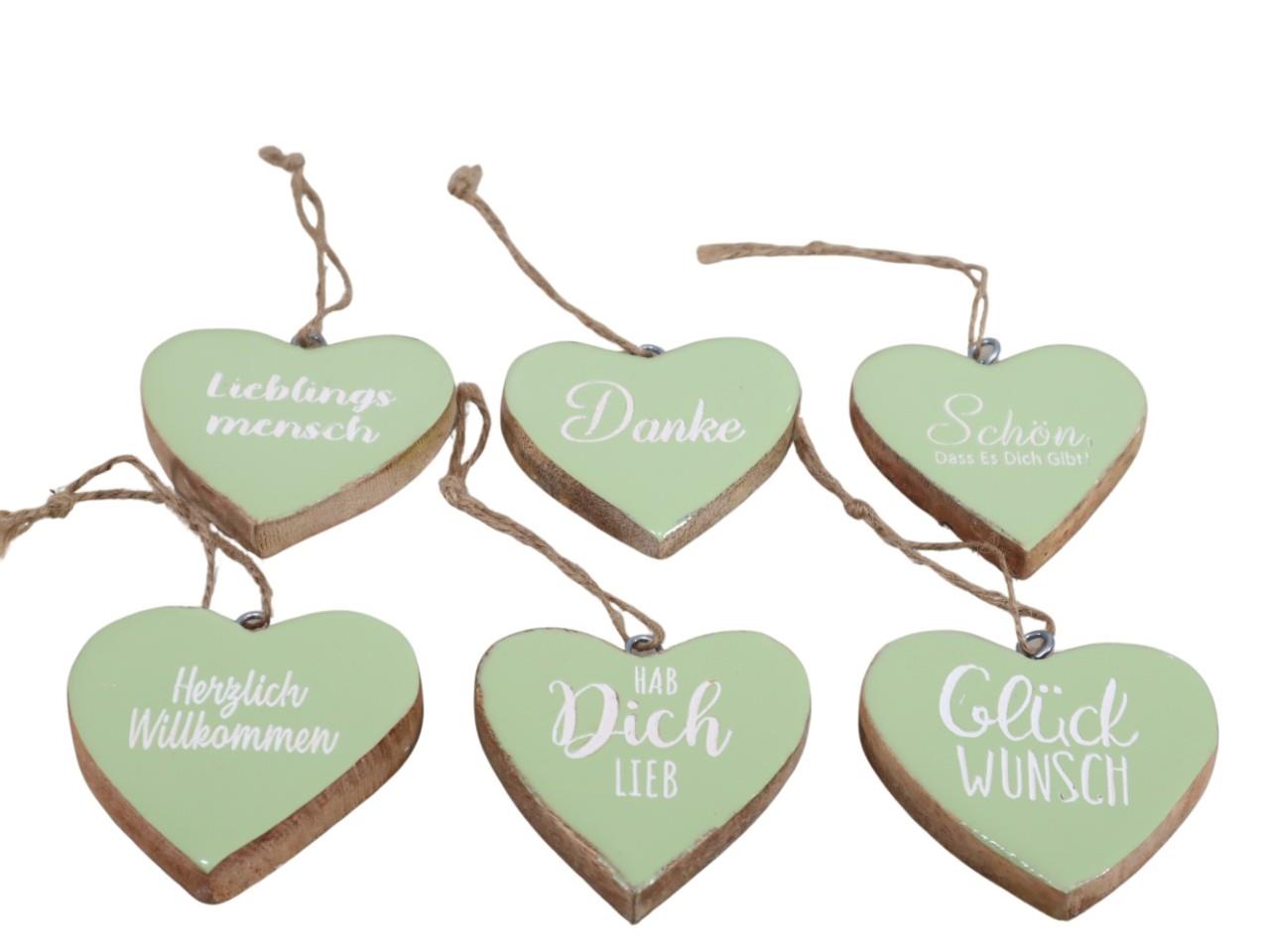 Herz hängend an Juteschnur m. Schrift sortiert Holz grün 8cm