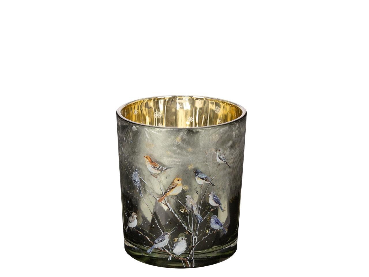 Windlicht "Vogelversammlung" Glas weiß-natur D10xH12cm
