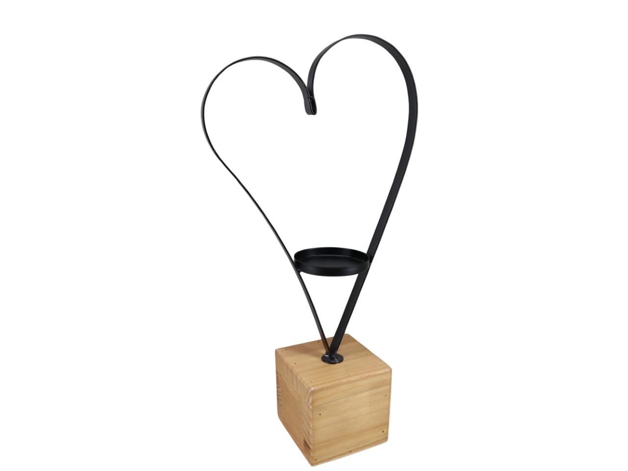 Herz m. Kerzenhalter Metall schwarz auf Holzsockel H45cm