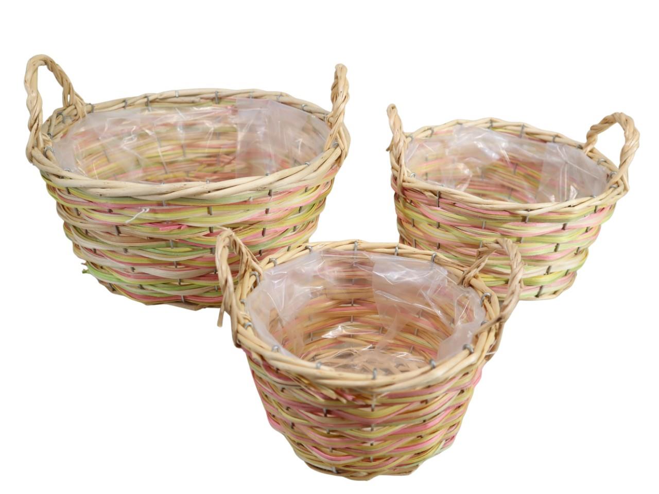 Pflanzkorb rund m. Henkel Holz bunt Set/3 D30/23/18cm