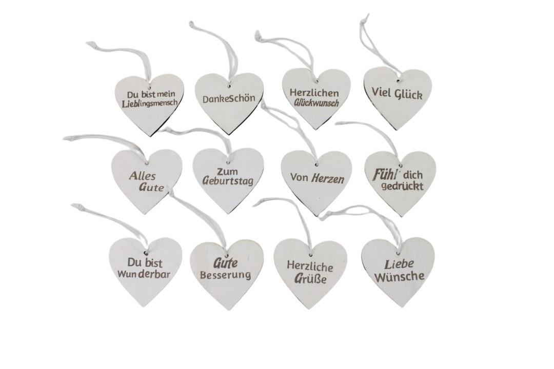 Hänger Set/12 Herz Wünsche Holz weiss 5cm