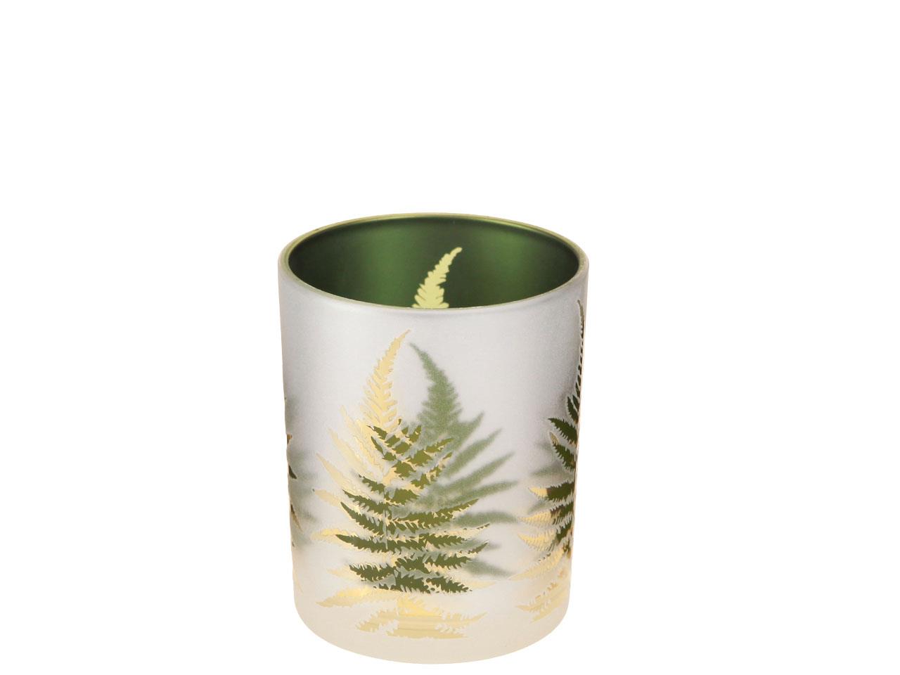Windlicht mit Farnblattdekor Glas grün-creme D7,3cm