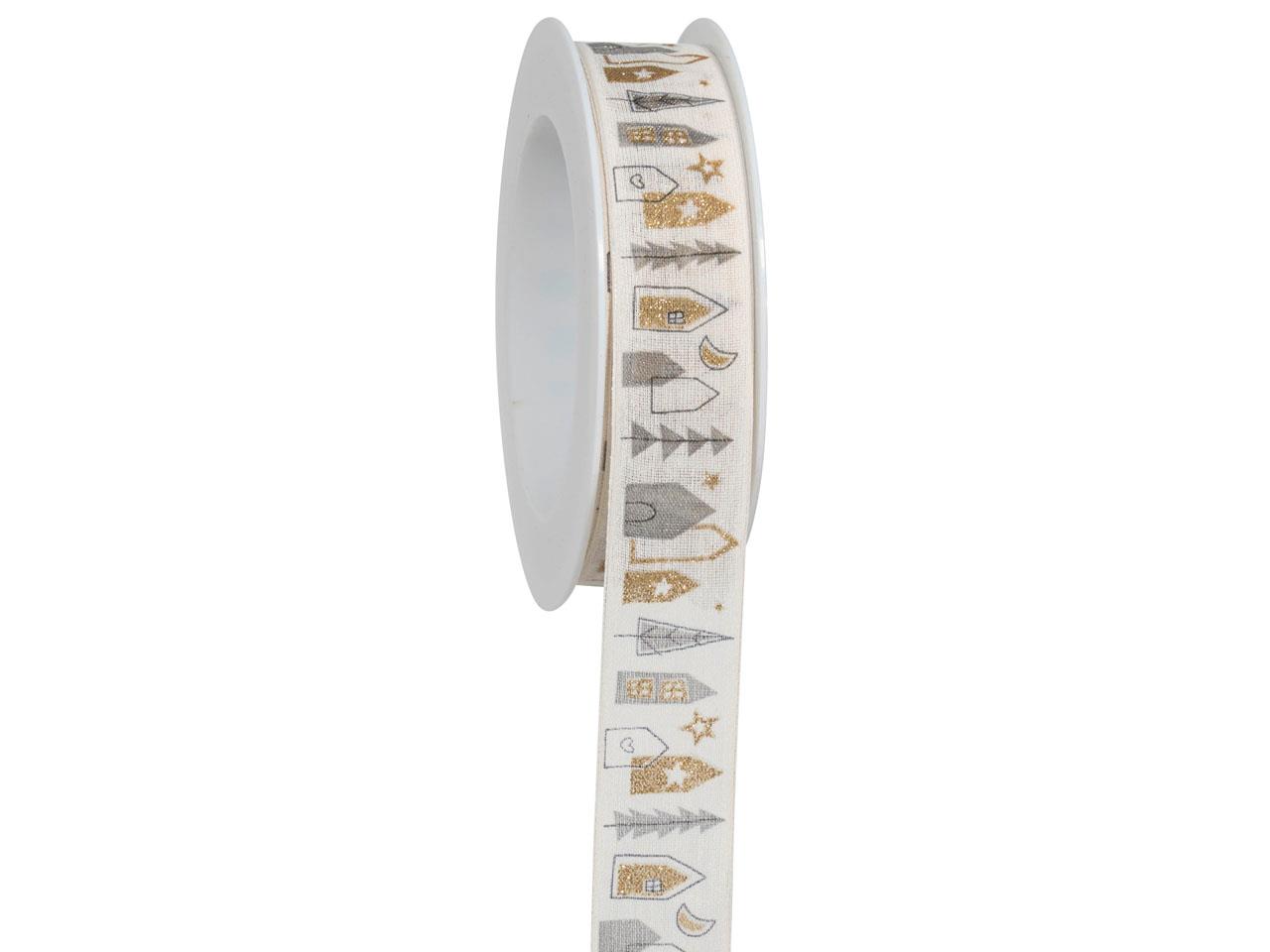 Band Weihnachtsstadt m. Draht 25mm 18Meter creme/gold021/15