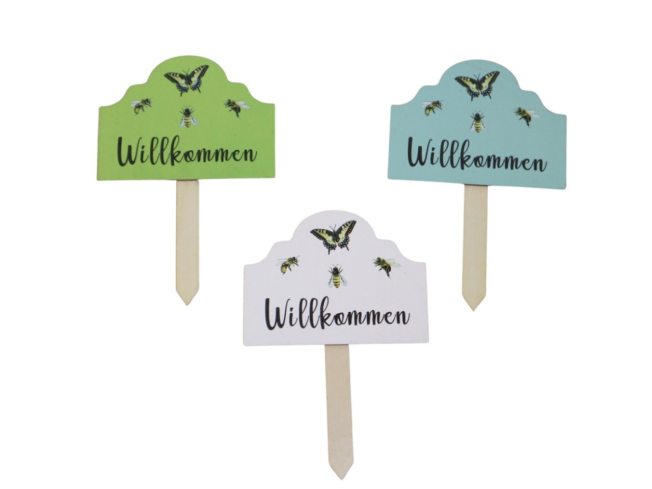 Schildstecker Willkommen m. Bienen Holz farbmix 11,5x8,5cm