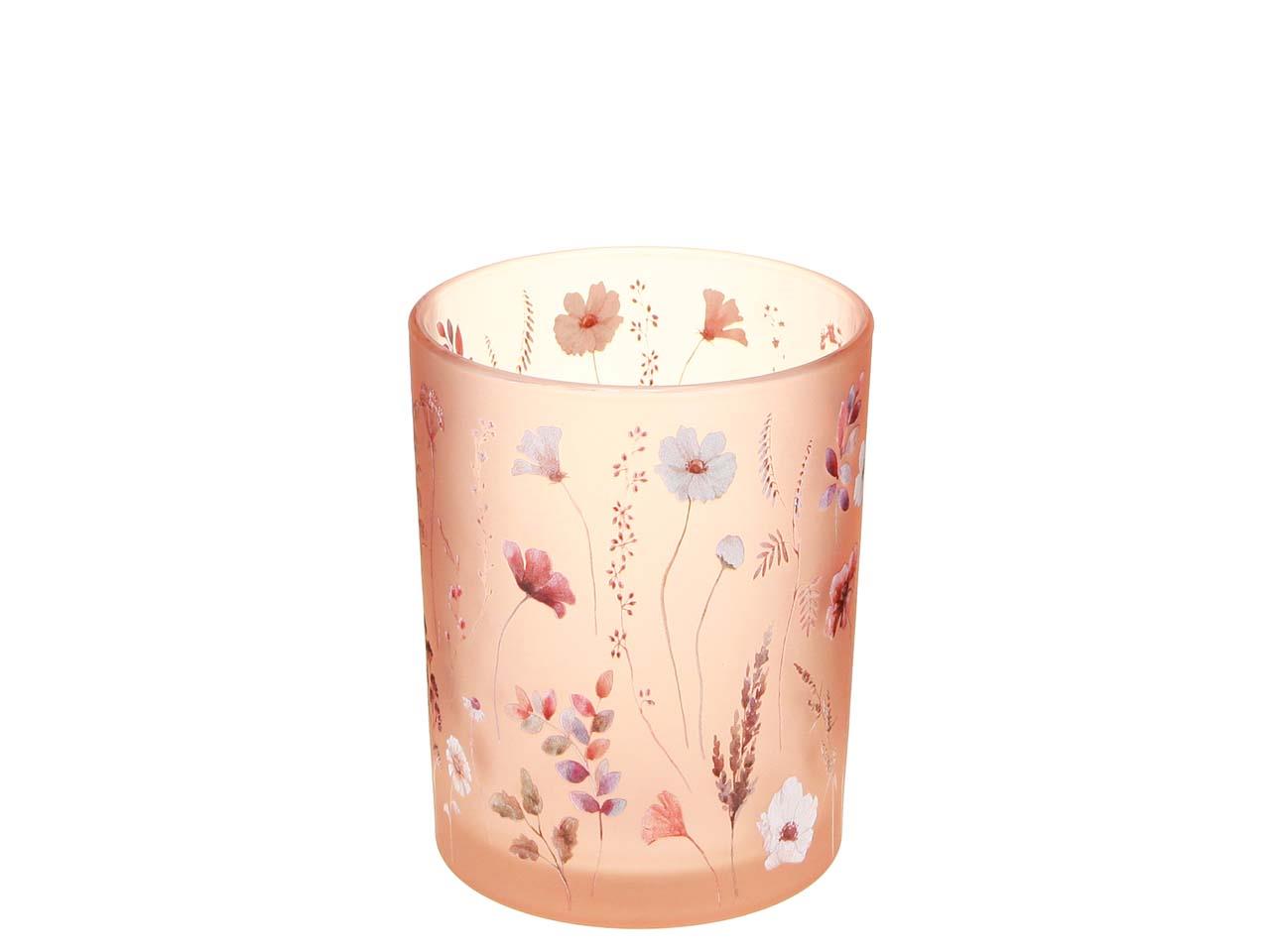 Windlicht m. Blumendeko Glas apricot D10cm H12,5cm