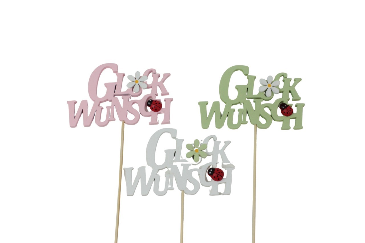 Stecker Schriftzug Glückwunsch Holz pastellmix D8x6cm +Pin