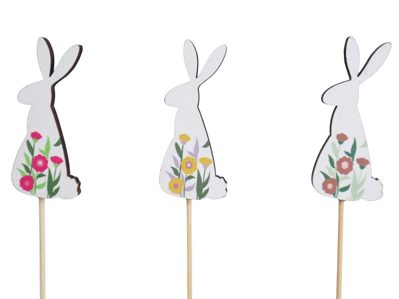 Stecker Hase m. Blumenmotiv Holz farbmix H8cm + Pin