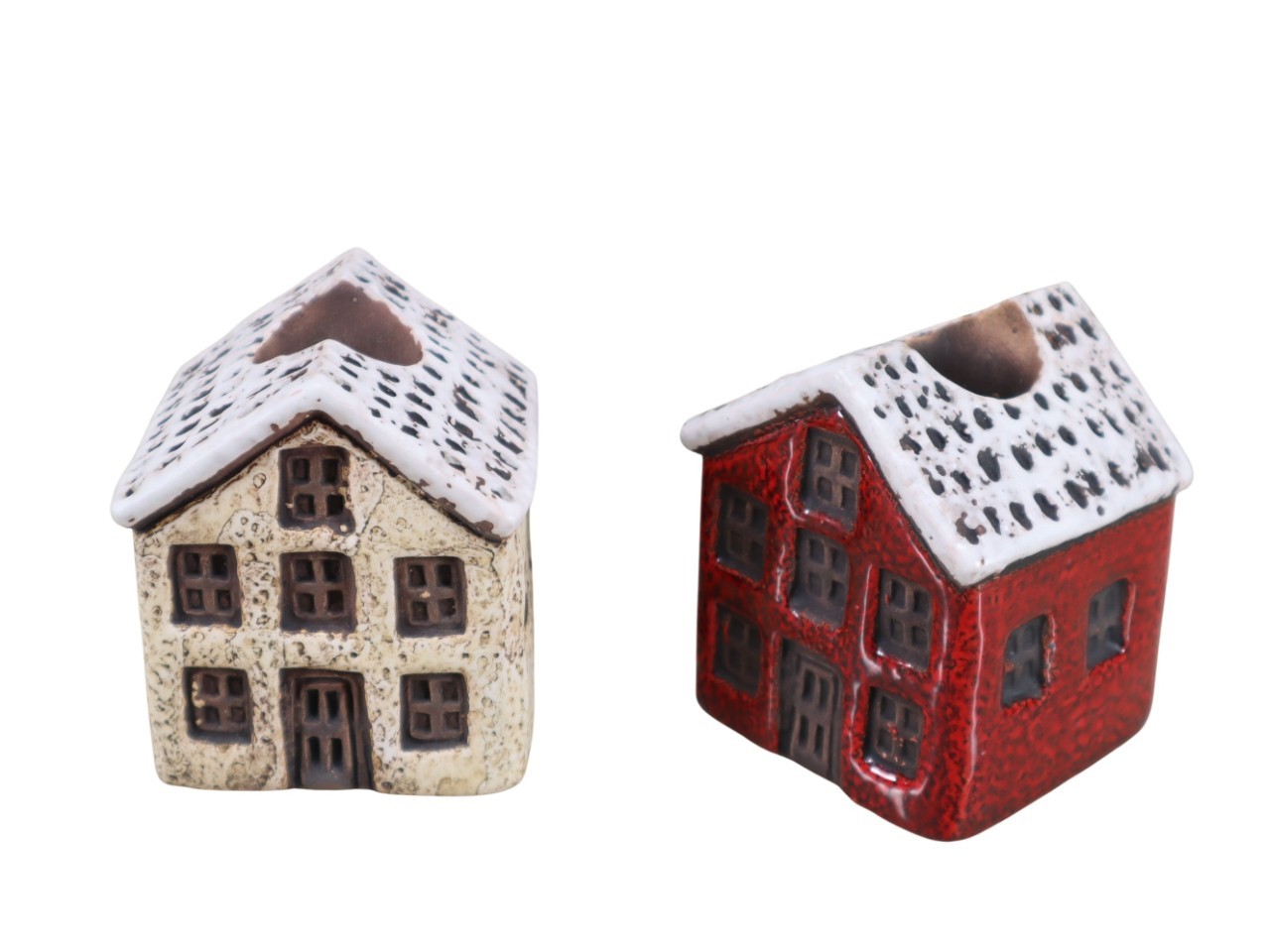 Haus Kerzenhalter 2 sort. Steingut creme/rot H7,8cm