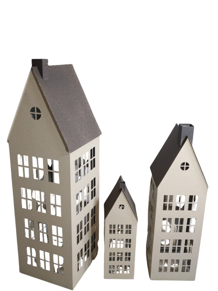 Haus Windlicht Metall Set/3 creme+braun-antik H155cm