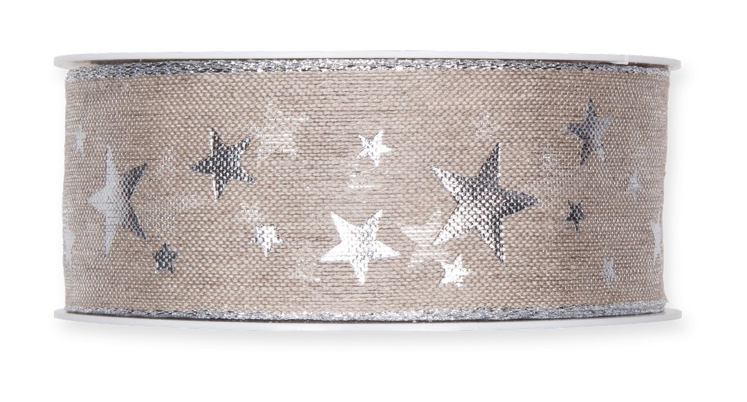 Leinen-Druckband Sternchen 40 mm 15 Meter linen/silver 211