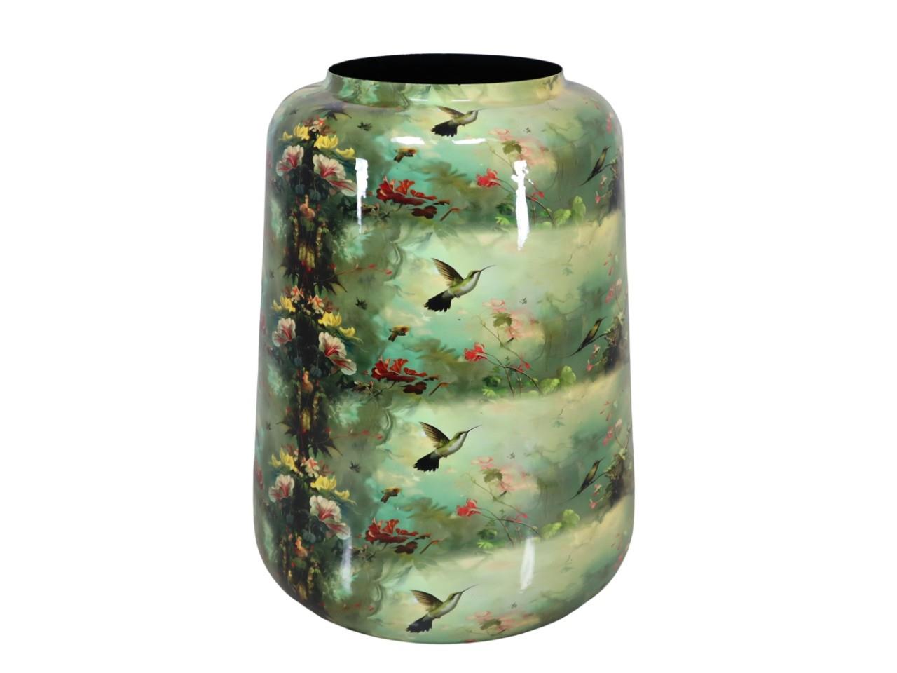 Vase Metall- Emaille Blumen-Vogelmotiv grün D31xH48cm