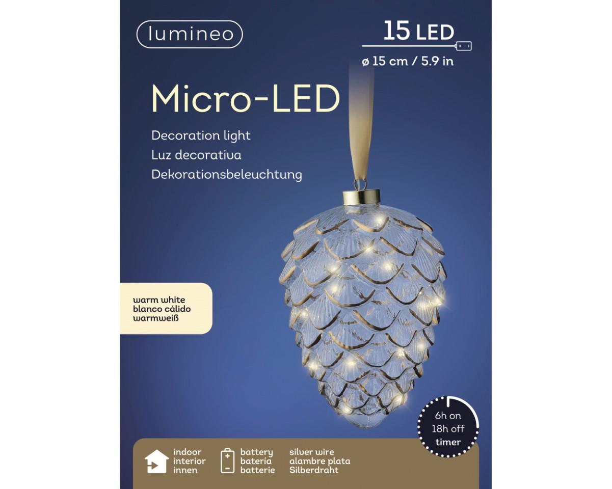 Zapfen hängend inkl. 15 Micro LED klar/gold D15xH21cm