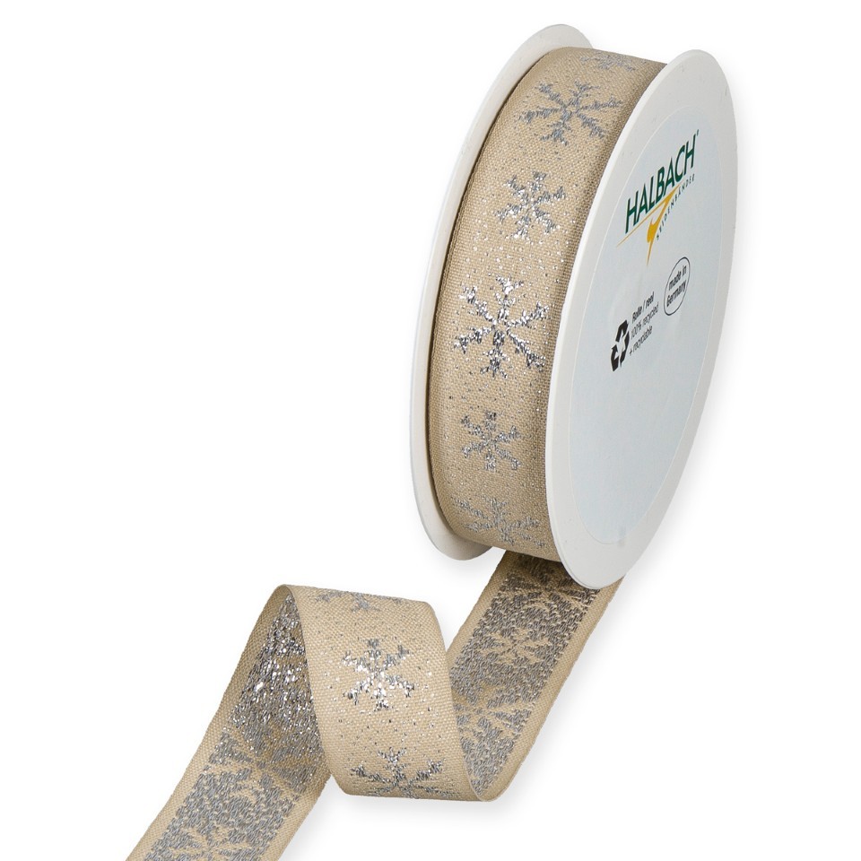 Lurexband Schneesterne 25 mm 15 Meter linen/silber 72