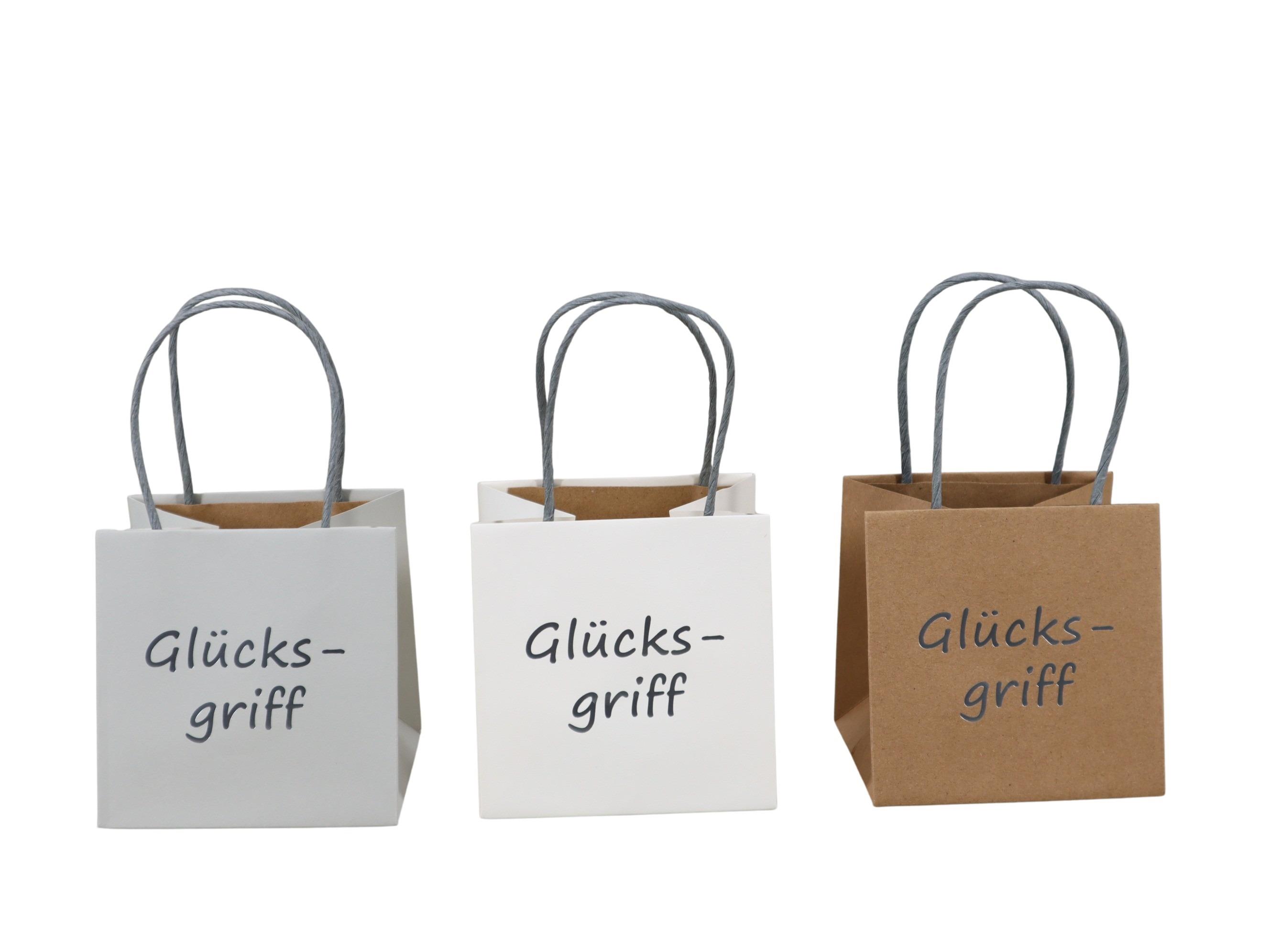 Tasche "Glücksgriff" Papier wasserab. natur-gr-weiß D10,5cm Tasche "Glücksgriff" Papier wasserab. natur-gr-weiß D10,5cm