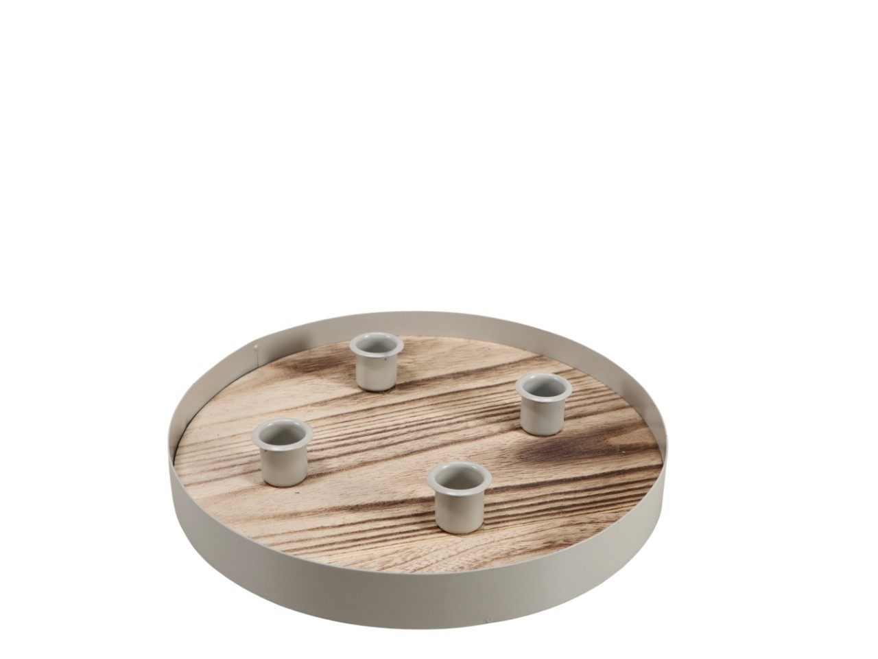 Teller mit 4 Stabkerzenhalter Metall creme/Holz D25cm
