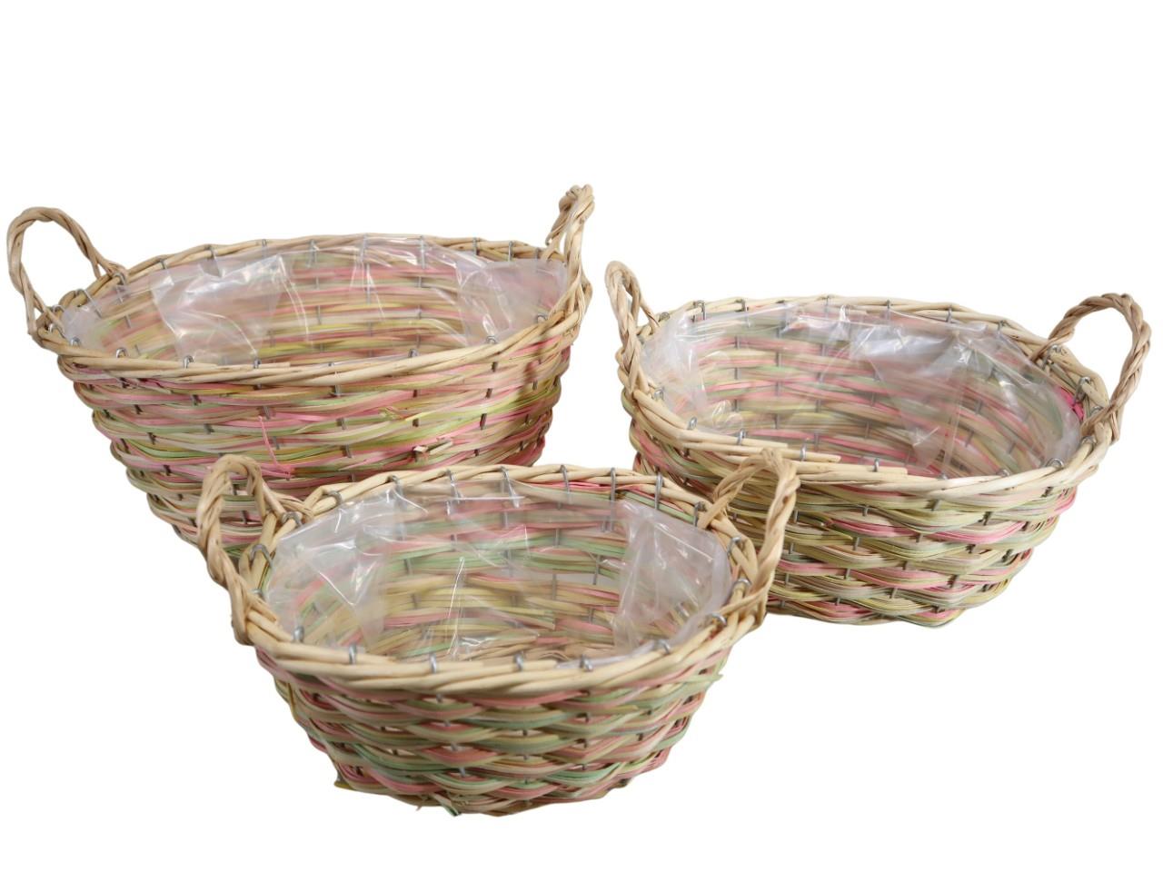 Pflanzkorb oval m. Henkel Holz bunt Set/3 L32/27/22cm