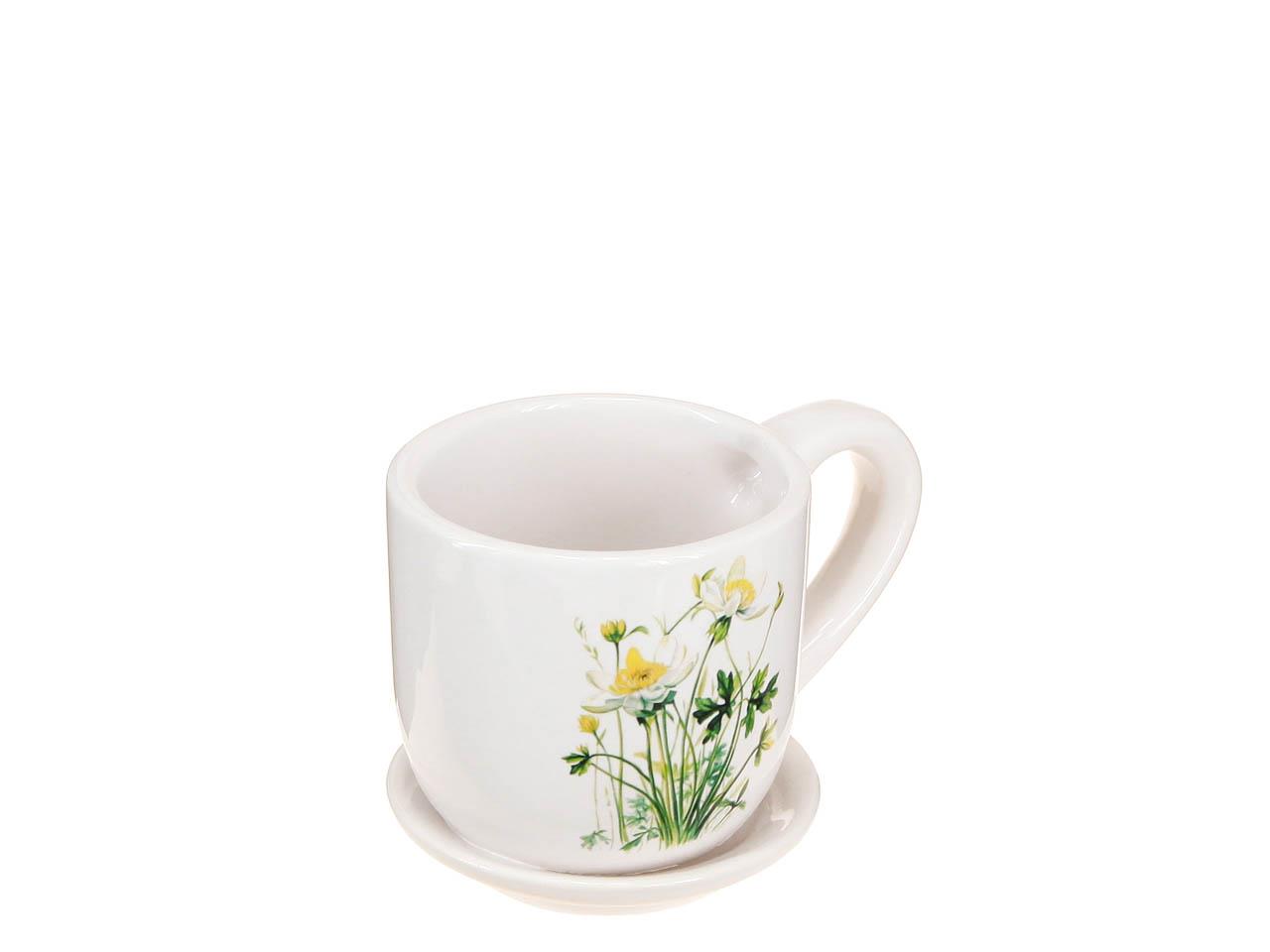 Tasse Keramik m. gelben Blumen D07xH7 cm weiß