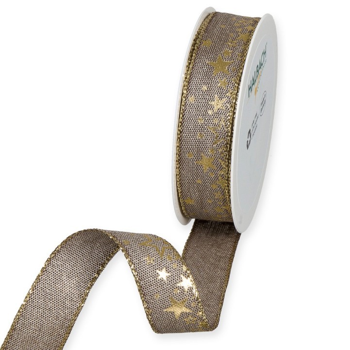 Leinen-Druckband Sterne 25 mm 15 Meter braun/gold 96