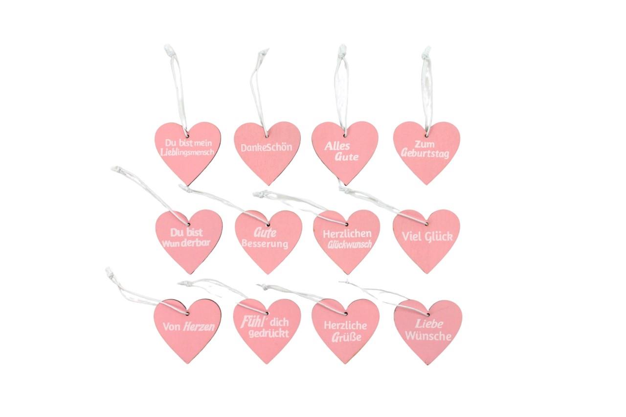 Hänger Set/12 Herz Wünsche Holz rosa 5cm