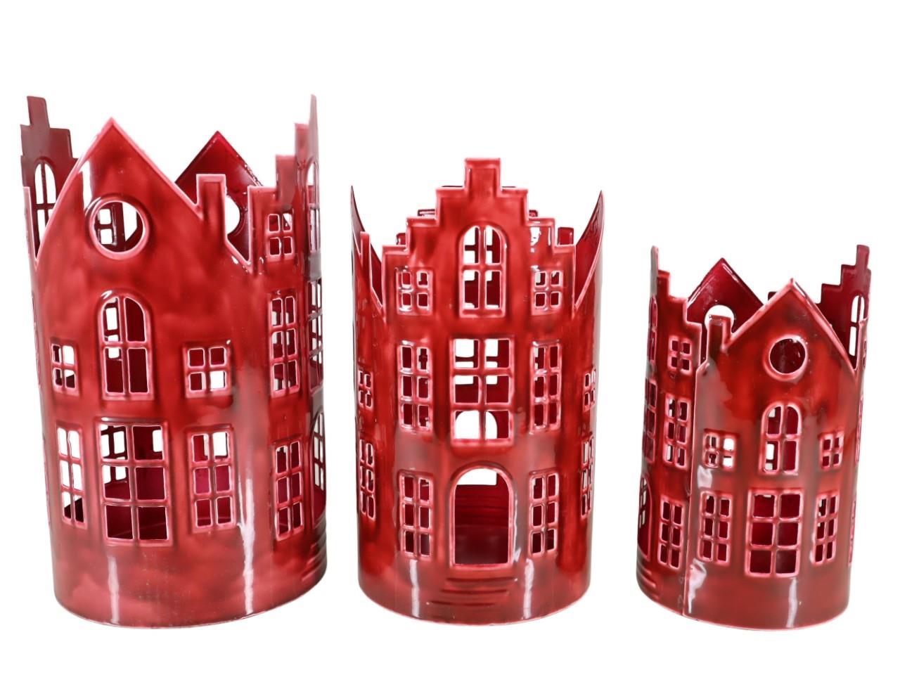 Windlicht Haus rund Set/3 Metall rot-emailfarbe H35,5cm