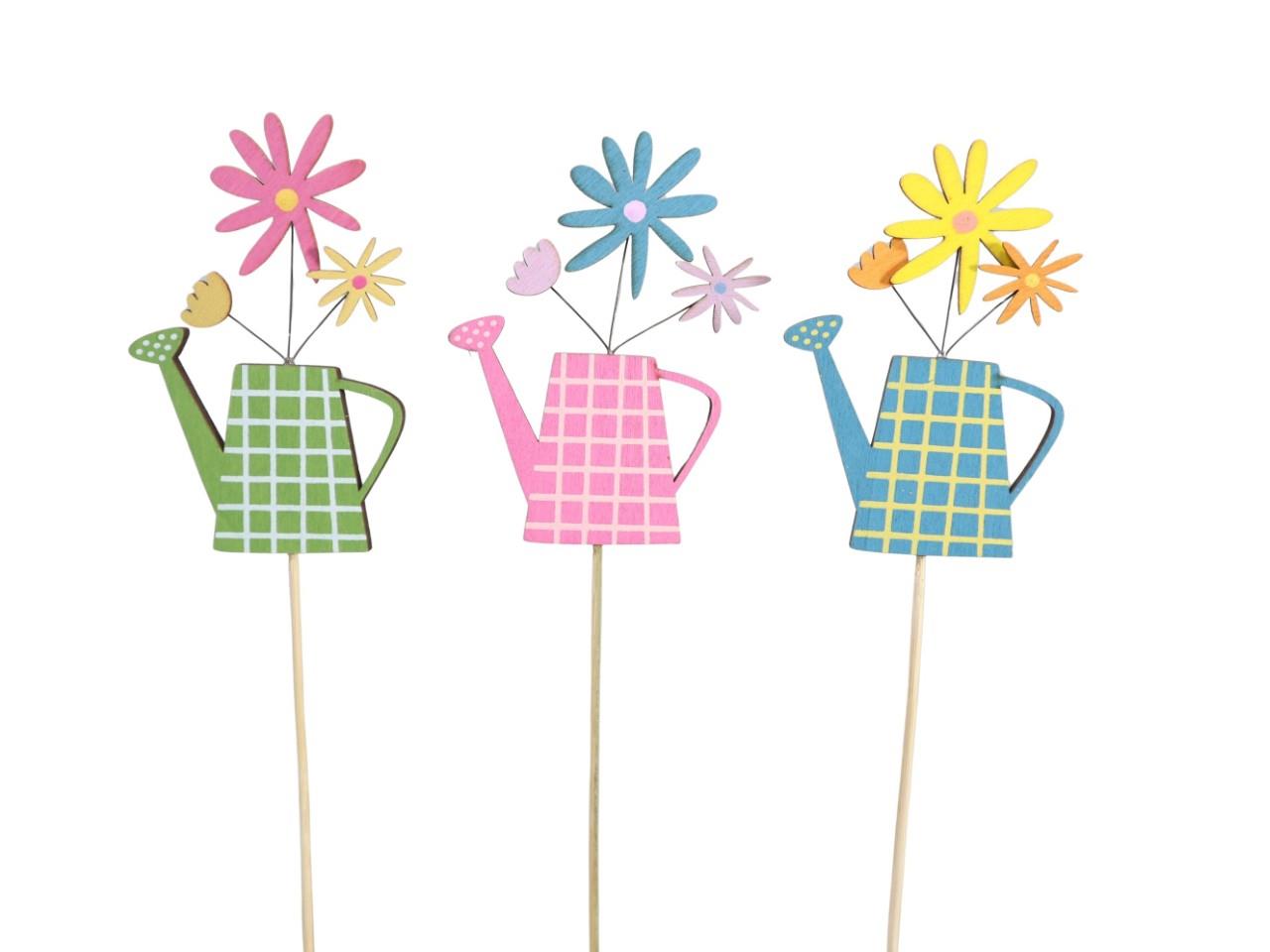 Stecker Gießkanne m. Blumen Holz farbmix 7xH10,5cm +Pin