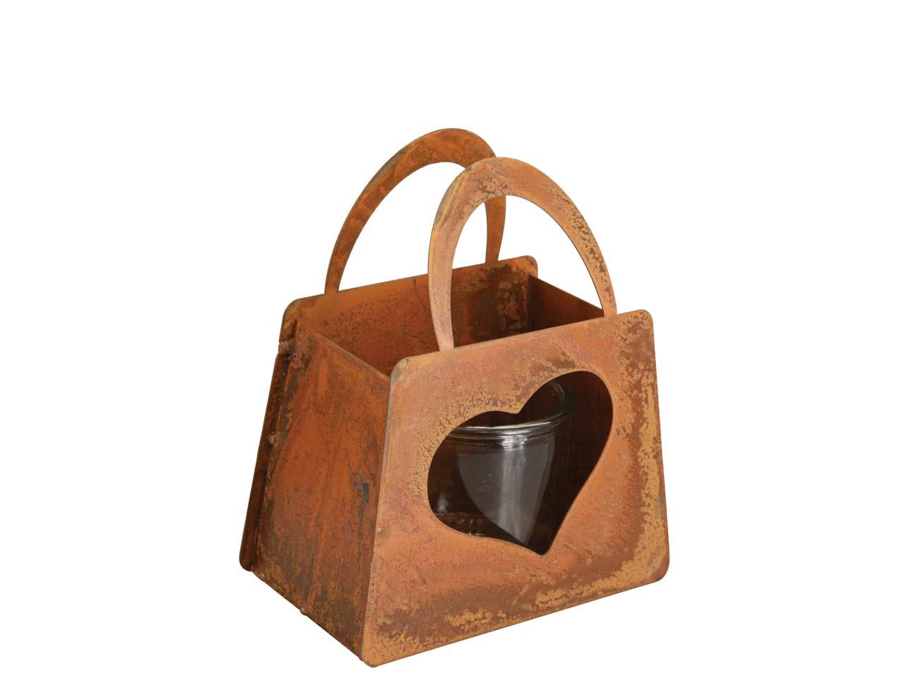 Tasche m. Herz und Glaswindlicht Metall rost L14,5xH18,5cm Tasche m. Herz und Glaswindlicht Metall rost L14,5xH18,5cm