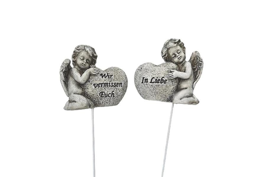 Engelstecker m. Herz  grau Polyresin H5cm + 12cm Pin