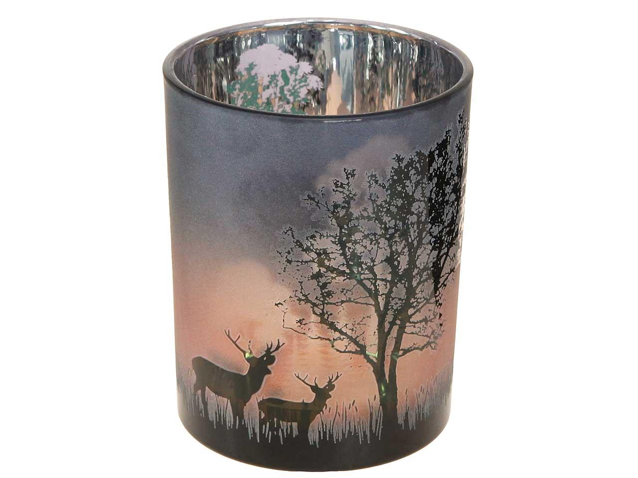 Windlicht Hirsche und Baumdekor Glas schwarz-orange D18cm