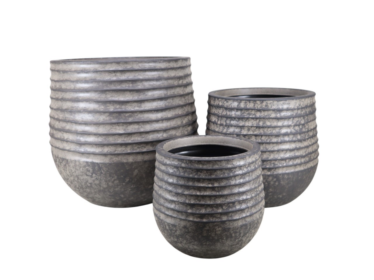 Übertopf rund Rillendekor vintage schwarz Kunststoff Set/3