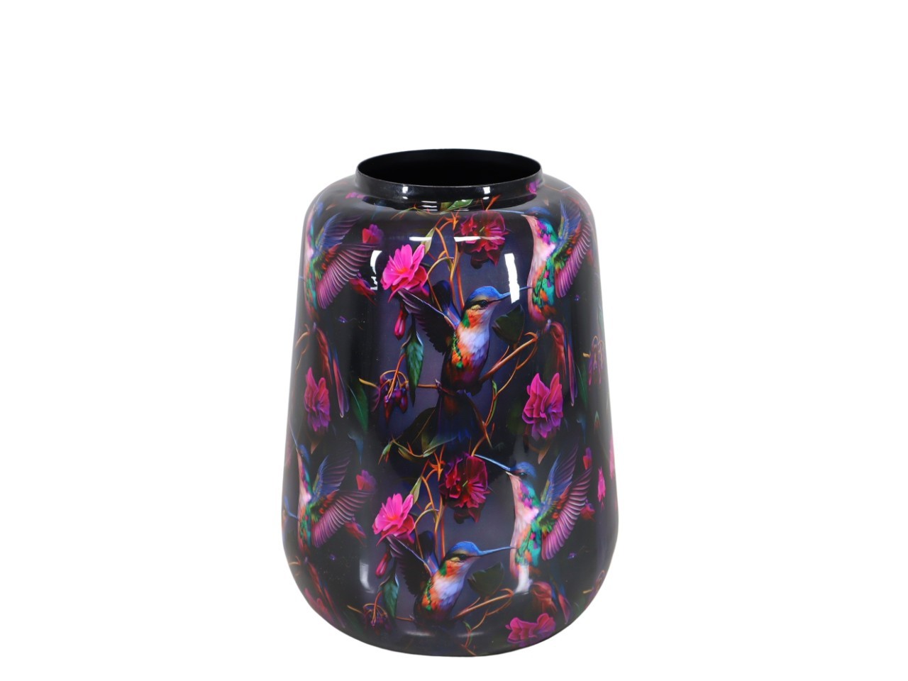 Vase Metall- Emaille Blumen-Vogelmotiv schwarz D27xH34cm