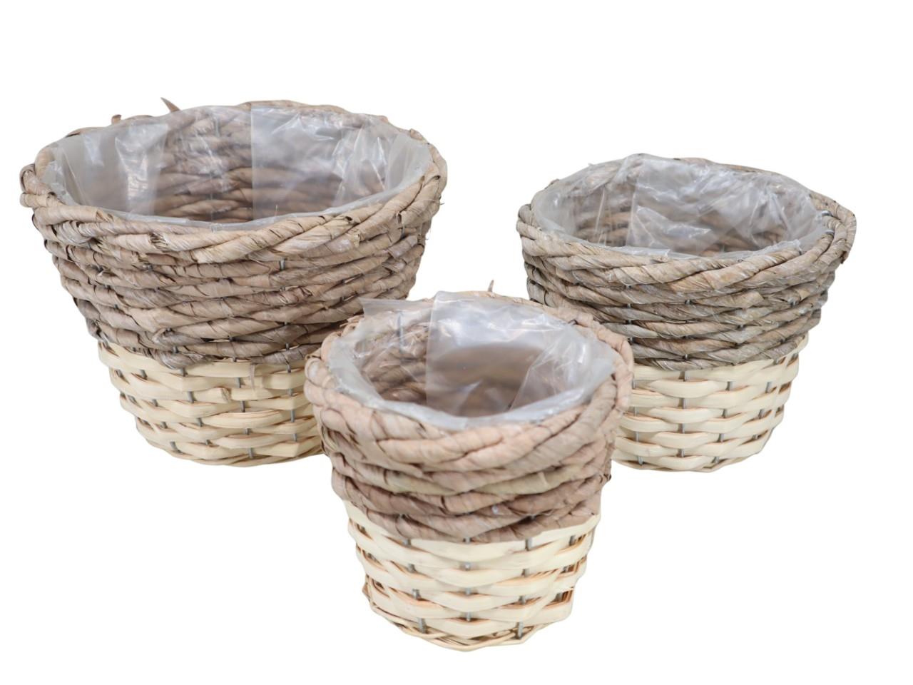 Pflanzkorb rund Weide/Grasseil Set/3 D 23cm white-washed