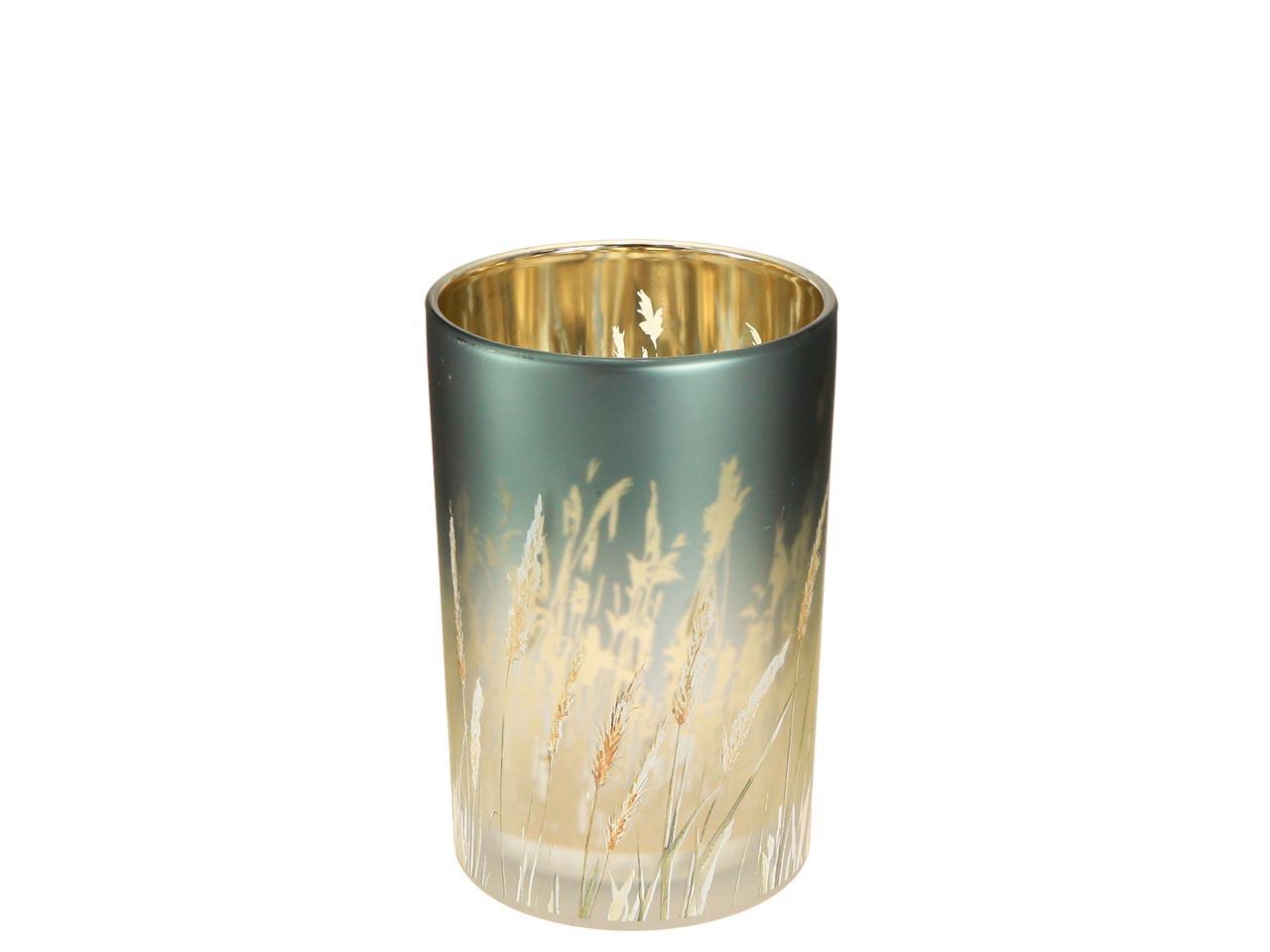 Windlicht m. Motiv Gräser Glas grau-petrol D12cm H18cm