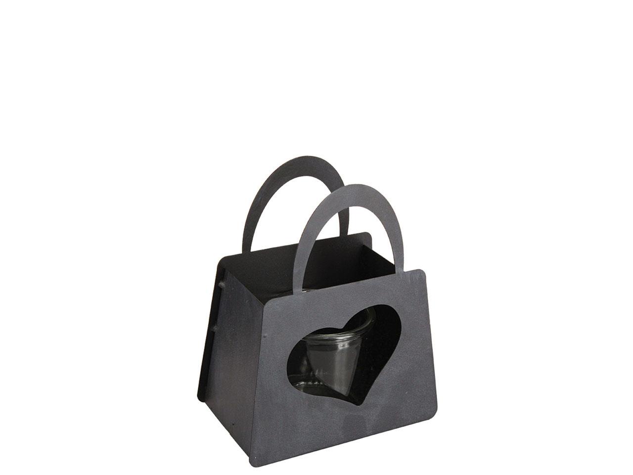 Tasche m. Herz und Glaswindlicht Metall anthra L14,5xH18,5cm