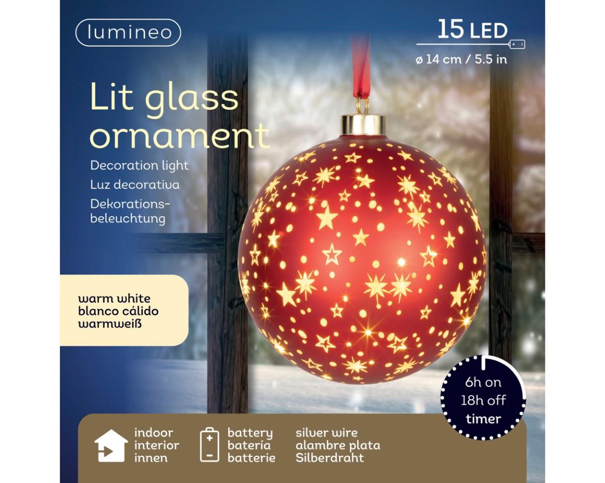 Glaskugel hängend inkl. 15 Micro LED Sterndekor rot D14cm